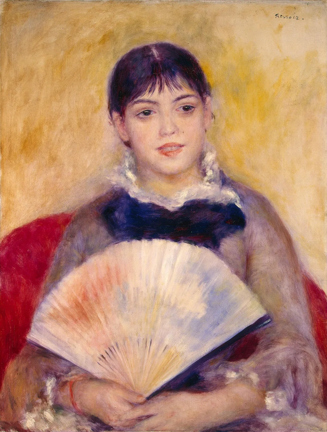 A dark-haired young woman with a lace collar holding an open pastel fan against a red chair, in golden yellow, cream, and soft pink