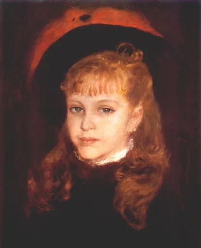 A blond curly-haired girl wears a black hat with an orange-pink plume, set against a dark background in a black dress.