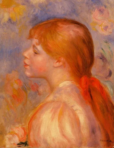 A girl in profile with red hair tied by a red ribbon wears a white blouse against a background of pink and blue flowers.