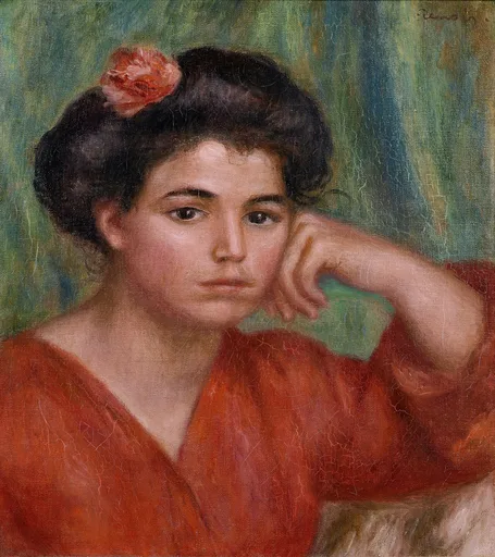 A dark-haired woman with a red rose in her hair rests her chin on her hand, wearing red against a blue-green background.