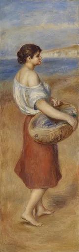 A barefoot girl in an off-shoulder blouse and red skirt carrying a fish basket along a sandy shore beneath white cliffs