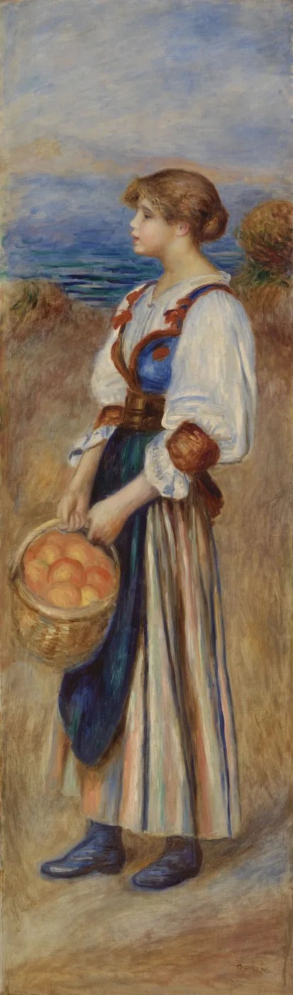 A young woman in a striped skirt and folk costume carrying a wicker basket of oranges, standing by the sea
