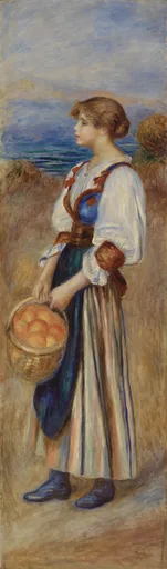 A young woman in a striped skirt and folk costume carrying a wicker basket of oranges, standing by the sea