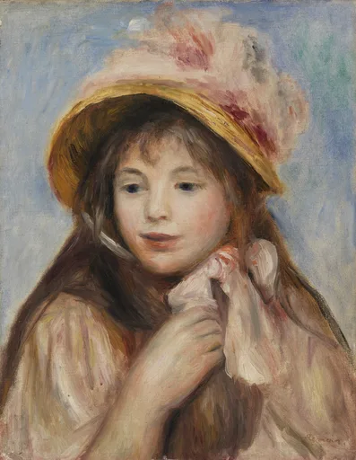 A young girl with long brown hair in a pink plumed bonnet, tying her collar ribbon, against a pale blue background