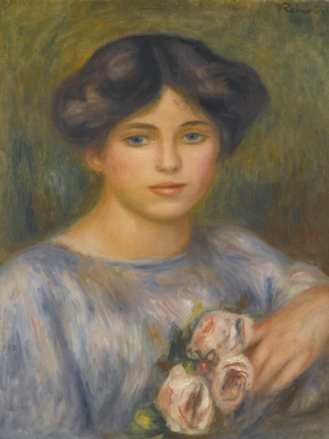 A dark-haired woman with blue eyes in a blue dress holds a small bunch of pink roses, against an olive-green background.