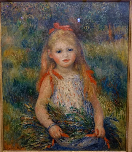 A blonde girl with a red hair ribbon holding bundles of flowers, standing in a leafy garden, in blue, green and orange tones