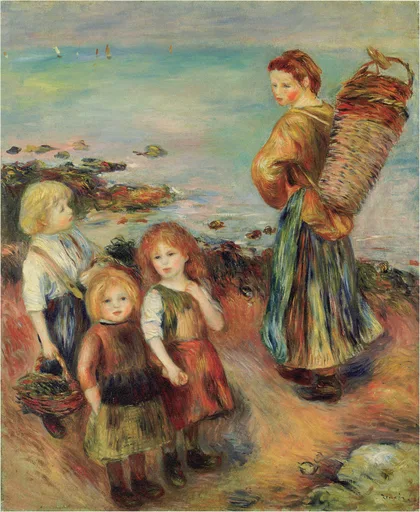 A woman with a large woven basket on her back leads three children with baskets along a rocky shoreline, in warm ochre and blue tones