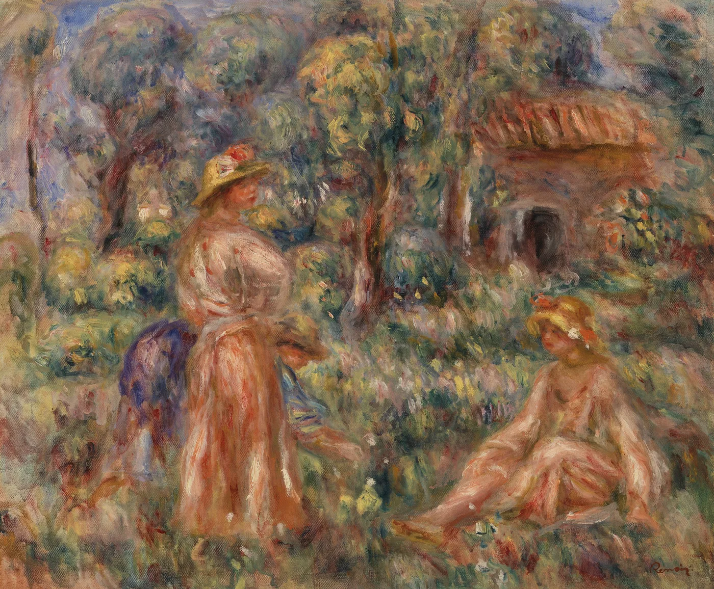 Girls in straw hats and pink dresses gathered in a lush garden before a red-roofed cottage, in loose green and coral brushwork