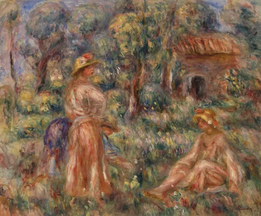 Girls in straw hats and pink dresses gathered in a lush garden before a red-roofed cottage, in loose green and coral brushwork
