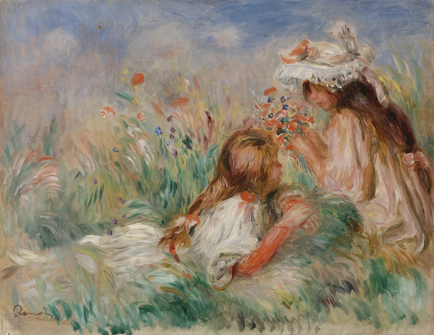Two girls in white dresses lying in tall grass among wildflowers, one arranging a small bouquet, under a pale blue sky