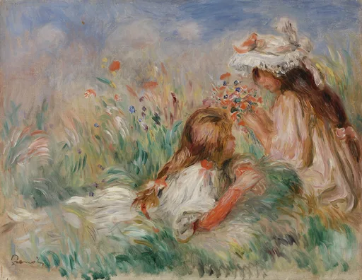 Two girls in white dresses lying in tall grass among wildflowers, one arranging a small bouquet, under a pale blue sky