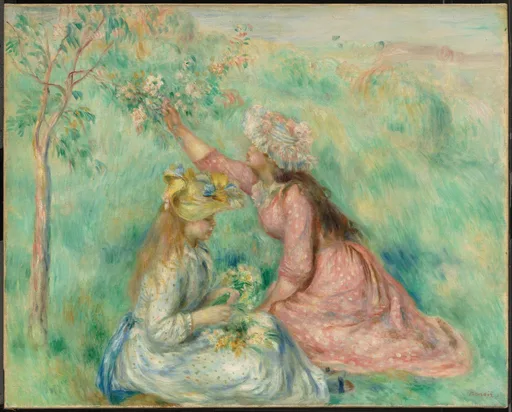 Two girls in bonnets, one in a pink polka-dot dress reaching for blossoms, the other in white gathering flowers, in a green meadow