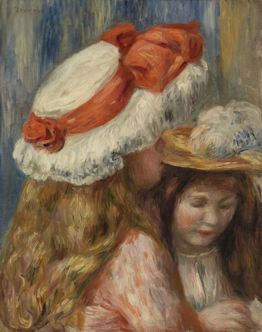 Two auburn-haired girls close together, one in a large white hat with red ribbons, the other in a straw hat with white plumes