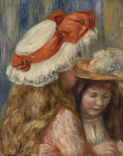 Two auburn-haired girls close together, one in a large white hat with red ribbons, the other in a straw hat with white plumes