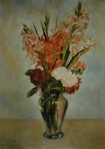Tall orange gladioli and white roses with a dark red bloom in a clear glass vase, against a pale blue-grey wall