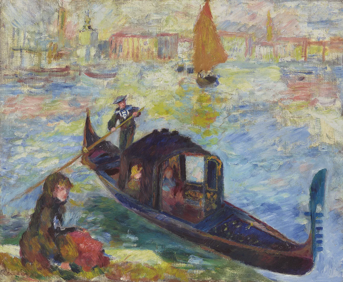 A black gondola with a standing boatman crossing the Venice lagoon past pastel buildings and an orange sail, in shimmering blue and gold