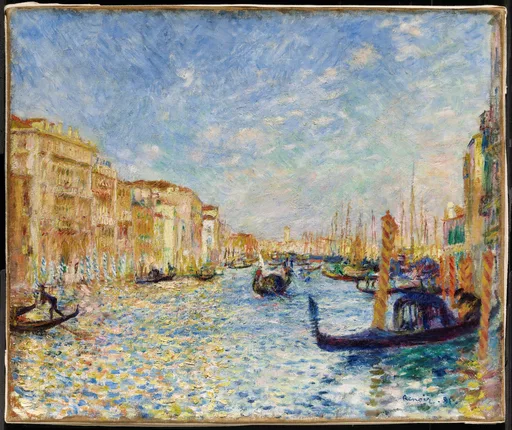 Gondolas glide down a sunlit Venetian canal lined with pastel buildings and moored sailboats, under a bright blue sky