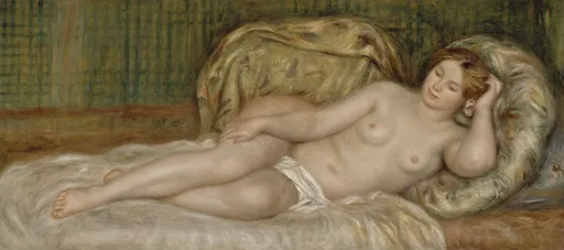 A reclining nude woman resting against large cushions with eyes closed, one hand raised to her hair, in soft flesh tones and olive green