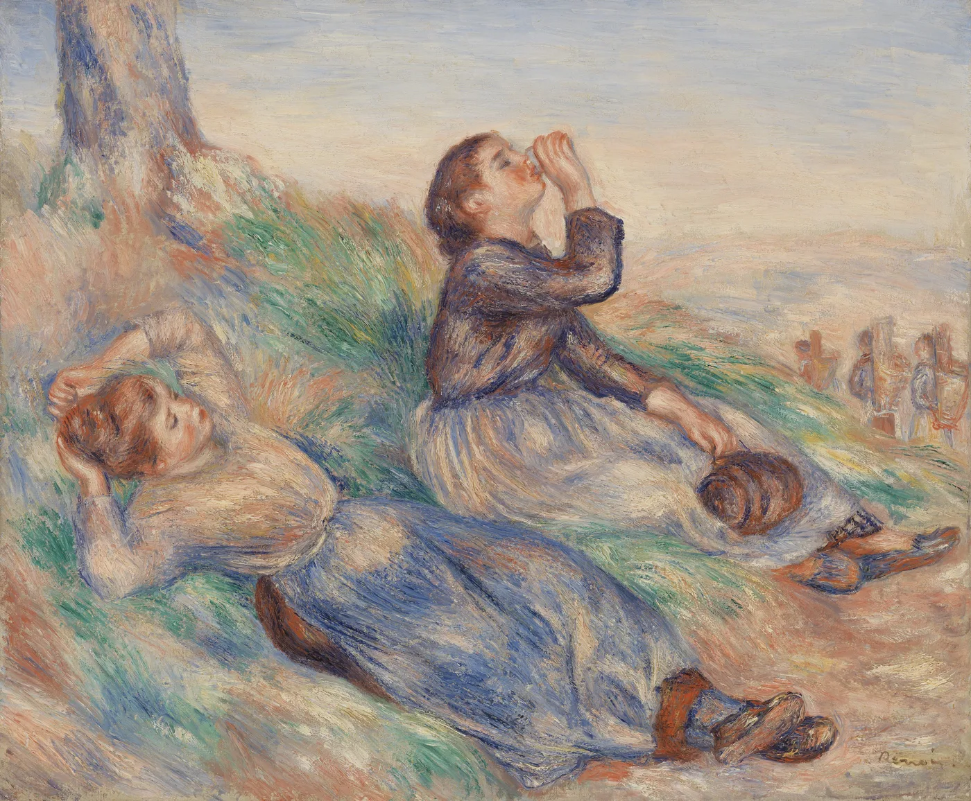 Two young grape gatherers rest on a grassy dune under a tree, one lying down and one drinking from cupped hands