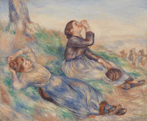 Two young grape gatherers rest on a grassy dune under a tree, one lying down and one drinking from cupped hands
