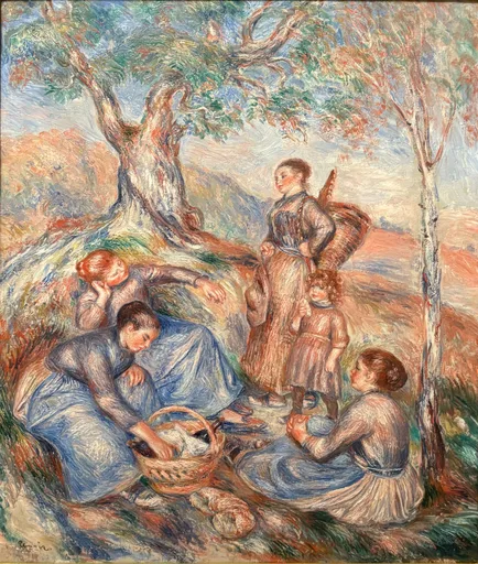Peasant women and children resting with baskets under trees in a field during a break from grape picking, in soft peach and blue tones