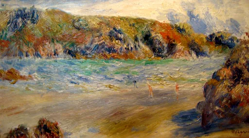 Two bathers wade into a turquoise cove framed by rugged, autumn-toned cliffs under a pale sky