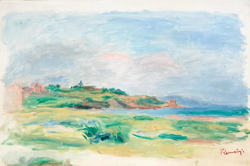 A green coastal headland overlooking a calm blue gulf under a soft pink and blue sky