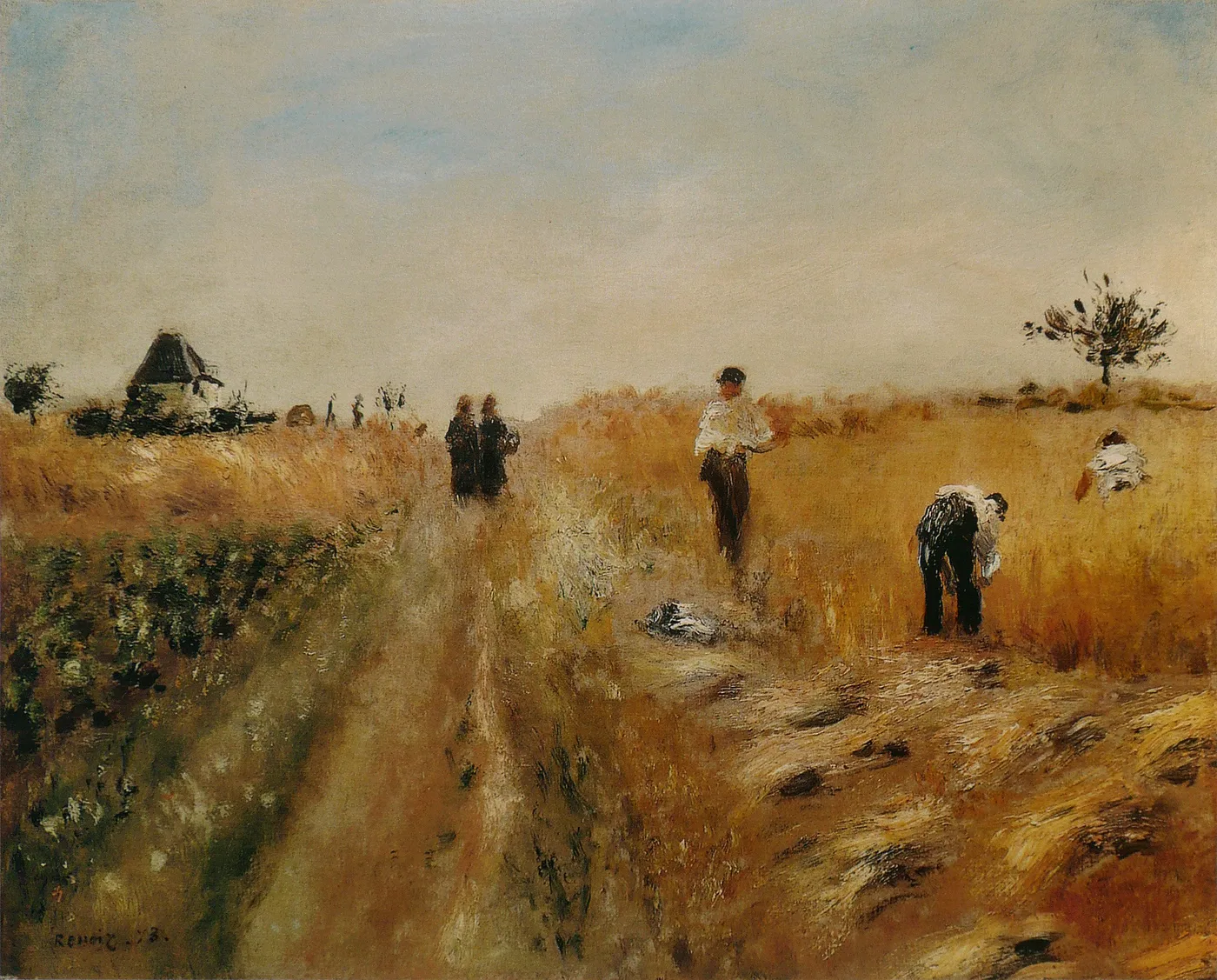 Farm workers gather wheat sheaves in a golden field beside a dirt path, with a farmhouse in the distance