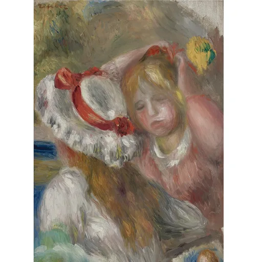 A blonde girl in a pink dress raises her arms to hold a straw hat trimmed with a red ribbon and white lace