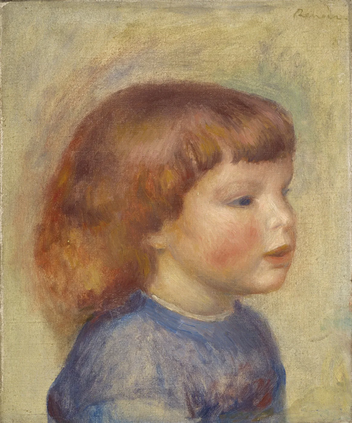 A profile portrait of a rosy-cheeked young child with bobbed auburn hair and bangs, wearing a blue smock, against a soft tan background.