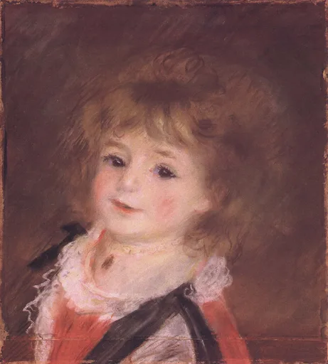 A pastel portrait of a curly-haired child in a lace-collared red dress, smiling gently against a warm brown background