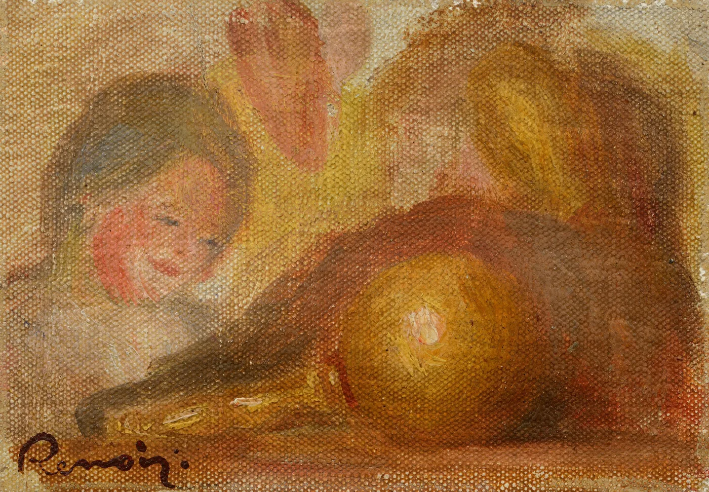 A loosely sketched, almost monochrome study in warm ochre and brown tones showing a smiling child's face beside a wooden cup-and-ball toy.