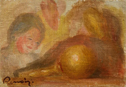 A loosely sketched, almost monochrome study in warm ochre and brown tones showing a smiling child's face beside a wooden cup-and-ball toy.