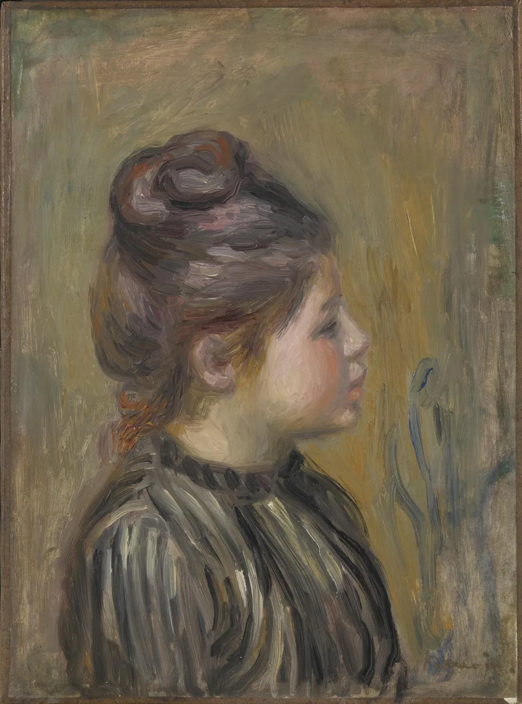 A profile portrait of a girl with her hair swept up, wearing a striped dress with a black collar, against an ochre ground