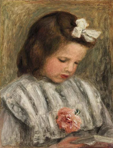 A young girl with a white bow in her dark hair looks down while reading, wearing a striped dress pinned with a pink rose.