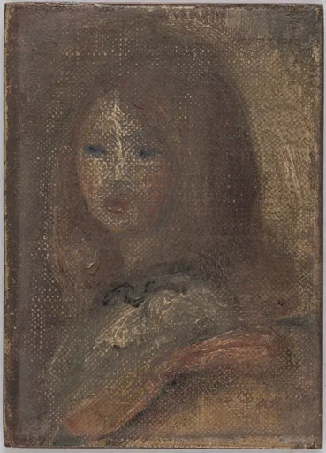 A dark, faded miniature portrait of a young girl's face with long hair and pale blue eyes emerging from deep shadow, the whole canvas dimmed to muted browns.