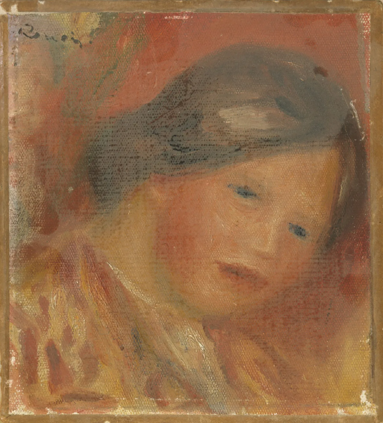 A small, softly blurred portrait of a woman's head tilted downward, dark hair pulled back, painted in warm reds and ochres on a textured canvas.