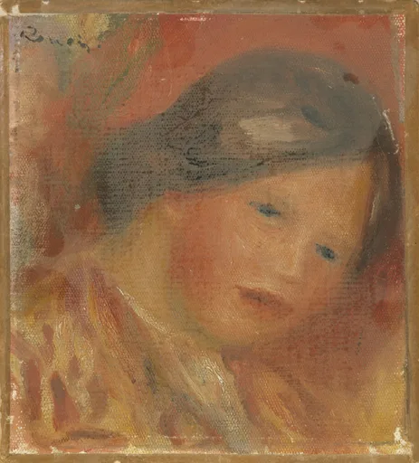 A small, softly blurred portrait of a woman's head tilted downward, dark hair pulled back, painted in warm reds and ochres on a textured canvas.
