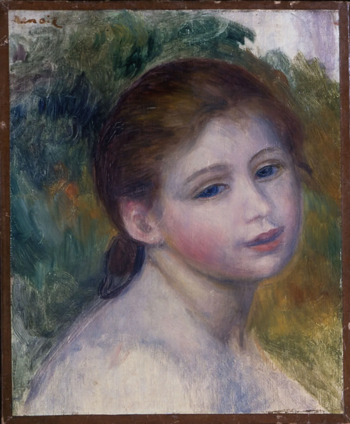 A bare-shouldered young woman with auburn hair and a blue ribbon glances aside, rosy-cheeked, against a dappled green and gold garden background.
