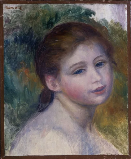 A bare-shouldered young woman with auburn hair and a blue ribbon glances aside, rosy-cheeked, against a dappled green and gold garden background.