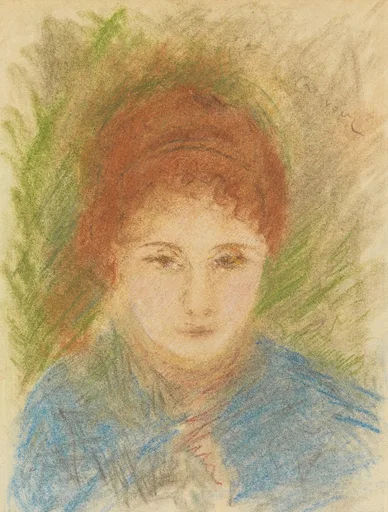 A coloured pencil drawing of a woman with curly auburn hair looking down, wrapped in a blue shawl, set against loose green cross-hatched strokes.