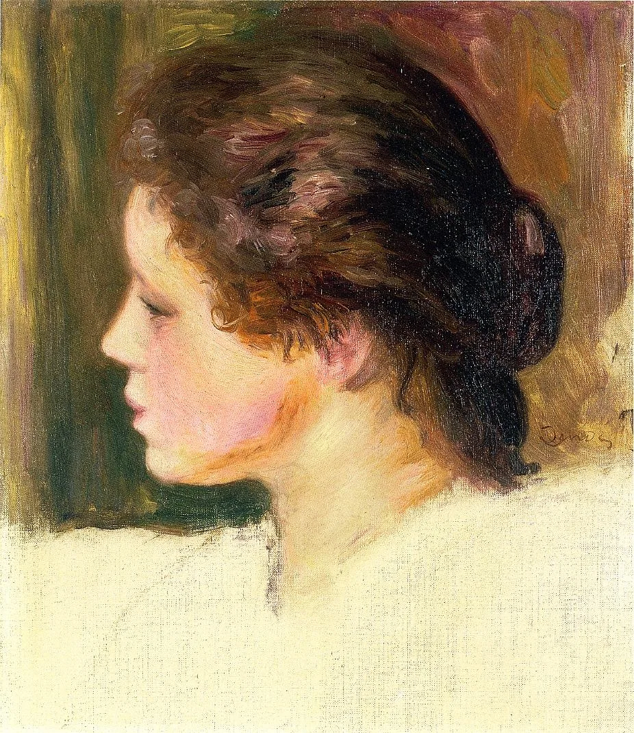 A profile portrait of a rosy-cheeked woman with dark hair gathered at the nape, wearing a loose white garment, against a warm dark green and brown background.