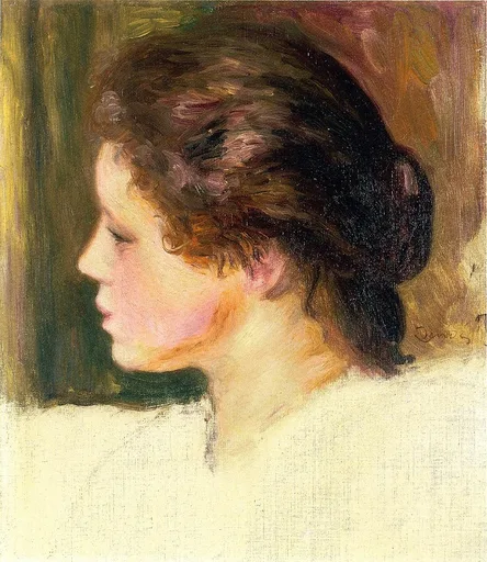 A profile portrait of a rosy-cheeked woman with dark hair gathered at the nape, wearing a loose white garment, against a warm dark green and brown background.