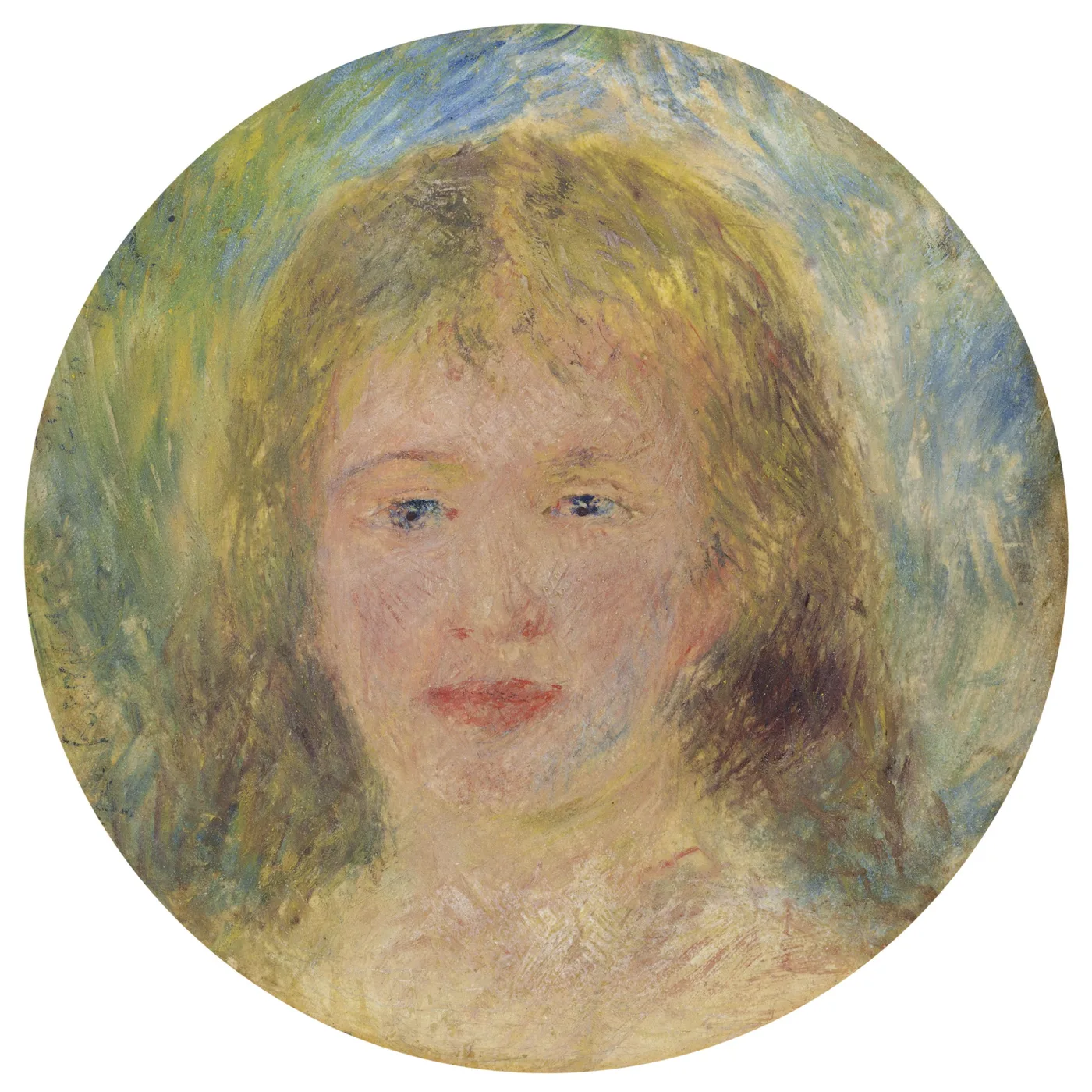 A circular portrait of a young woman with tousled light brown hair and blue eyes, painted in loose brushstrokes against a shimmering blue-green background.