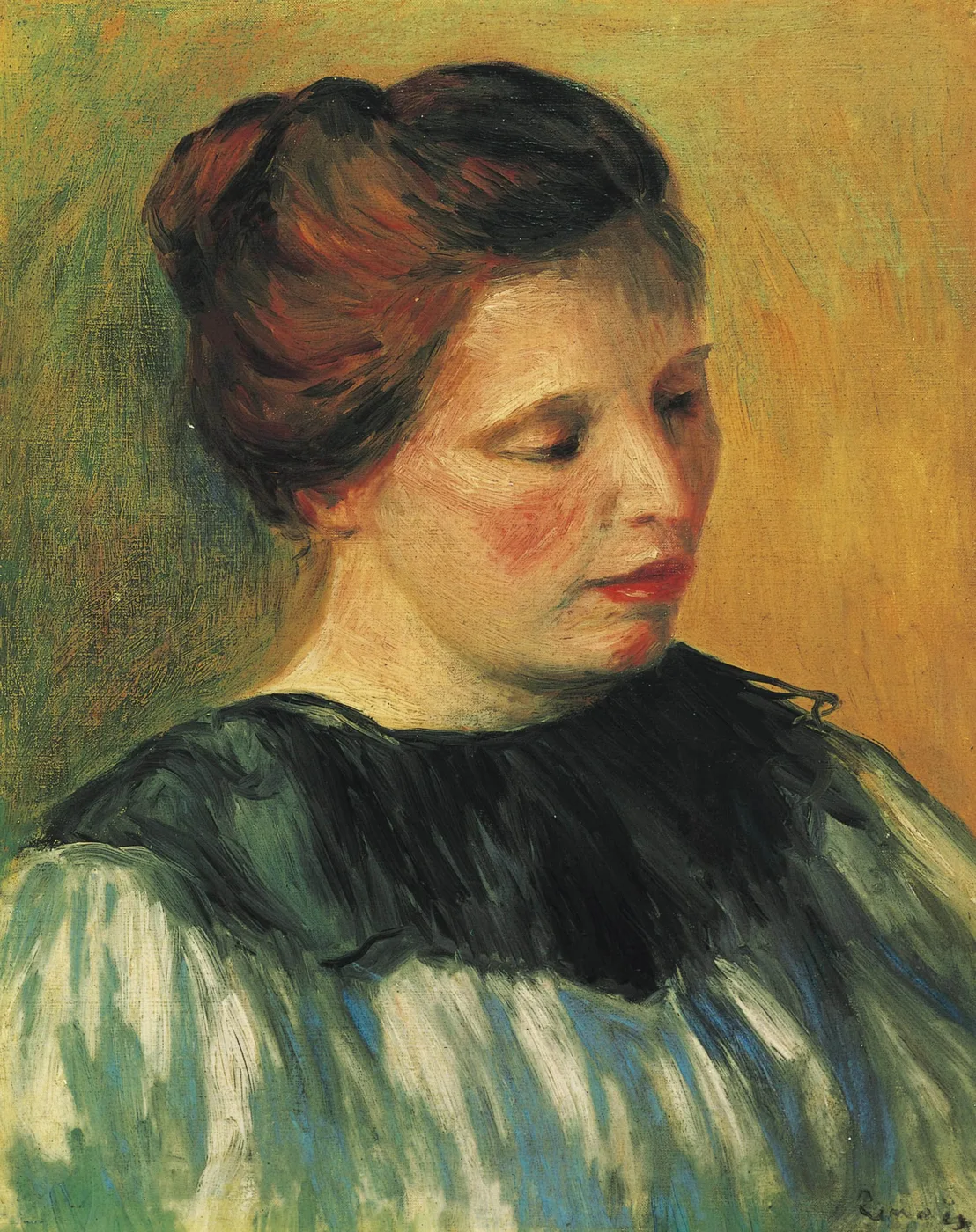 A young woman with reddish-brown hair in a bun looks downward, wearing a blue-and-white striped blouse, against a warm ochre and green background.