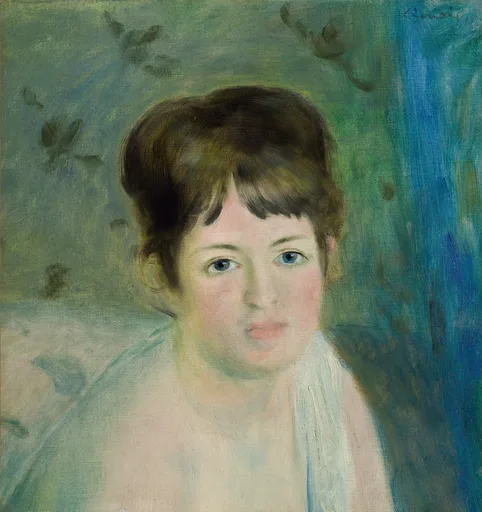 A close portrait of a bare-shouldered woman with blue eyes and dark hair, draped in white, against a green and blue backdrop