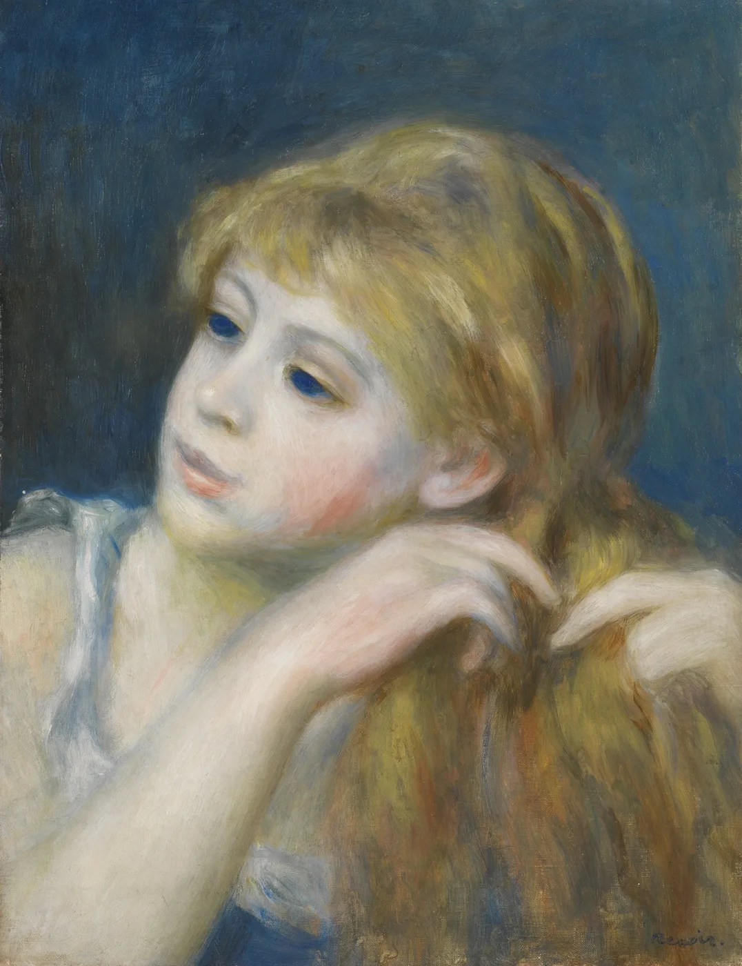 A close-up of a young girl with golden hair raising both hands to her braid, gazing sideways against a dark blue background