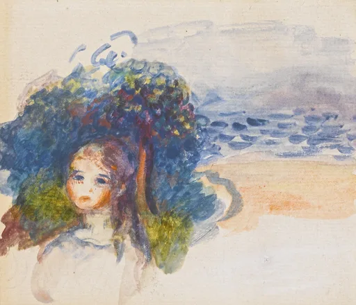 A watercolor of a young girl's head beneath a large hat thickly trimmed with blue and violet flowers, set against a washed beach landscape.