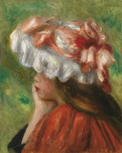 A young woman seen from behind wears a large hat with ruffled white lace and red ribbon bows, her auburn hair over a rust-orange dress, against green.