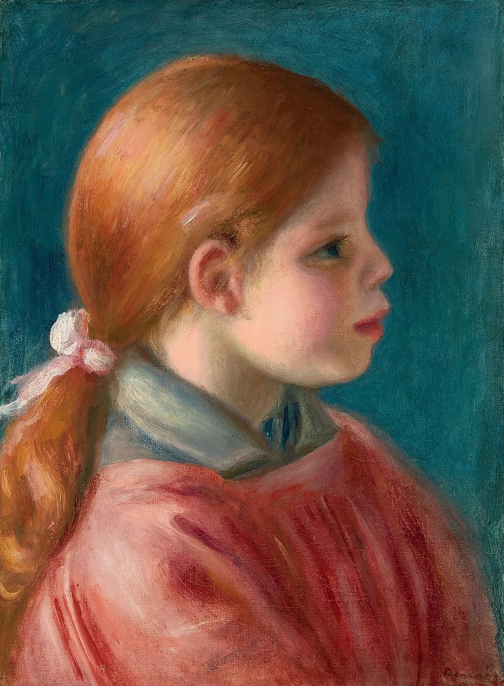 A profile portrait of a red-haired girl with hair tied back in a white ribbon, wearing a red dress with a pale collar, against a deep teal background.